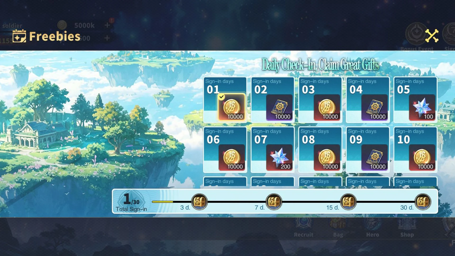 In-game voyage rewards screen with island scenery and a daily reward track